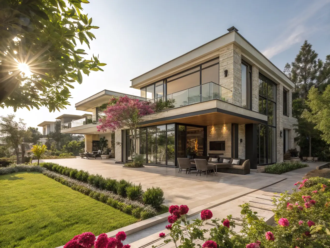 An exterior shot of a newly constructed luxury villa, highlighting its architectural design, high-end finishes, and landscaping.